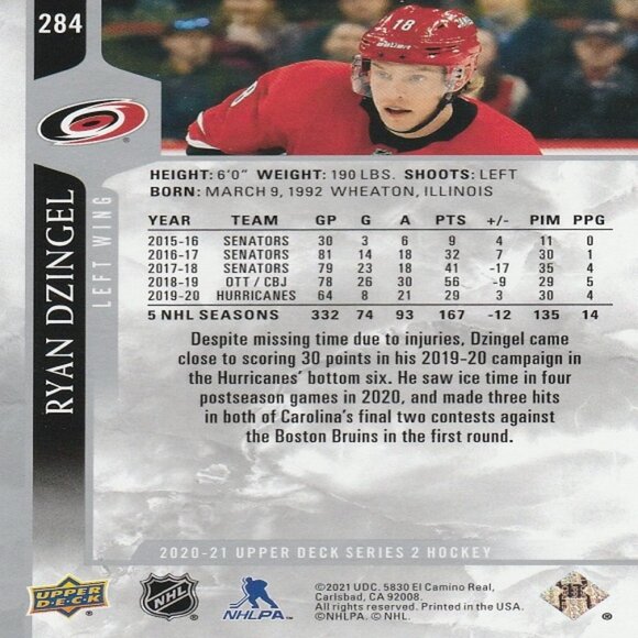Ryan Dzingel - 2020/2021 Upper Deck Series 2 Hockey Card - Picture 2 of 2